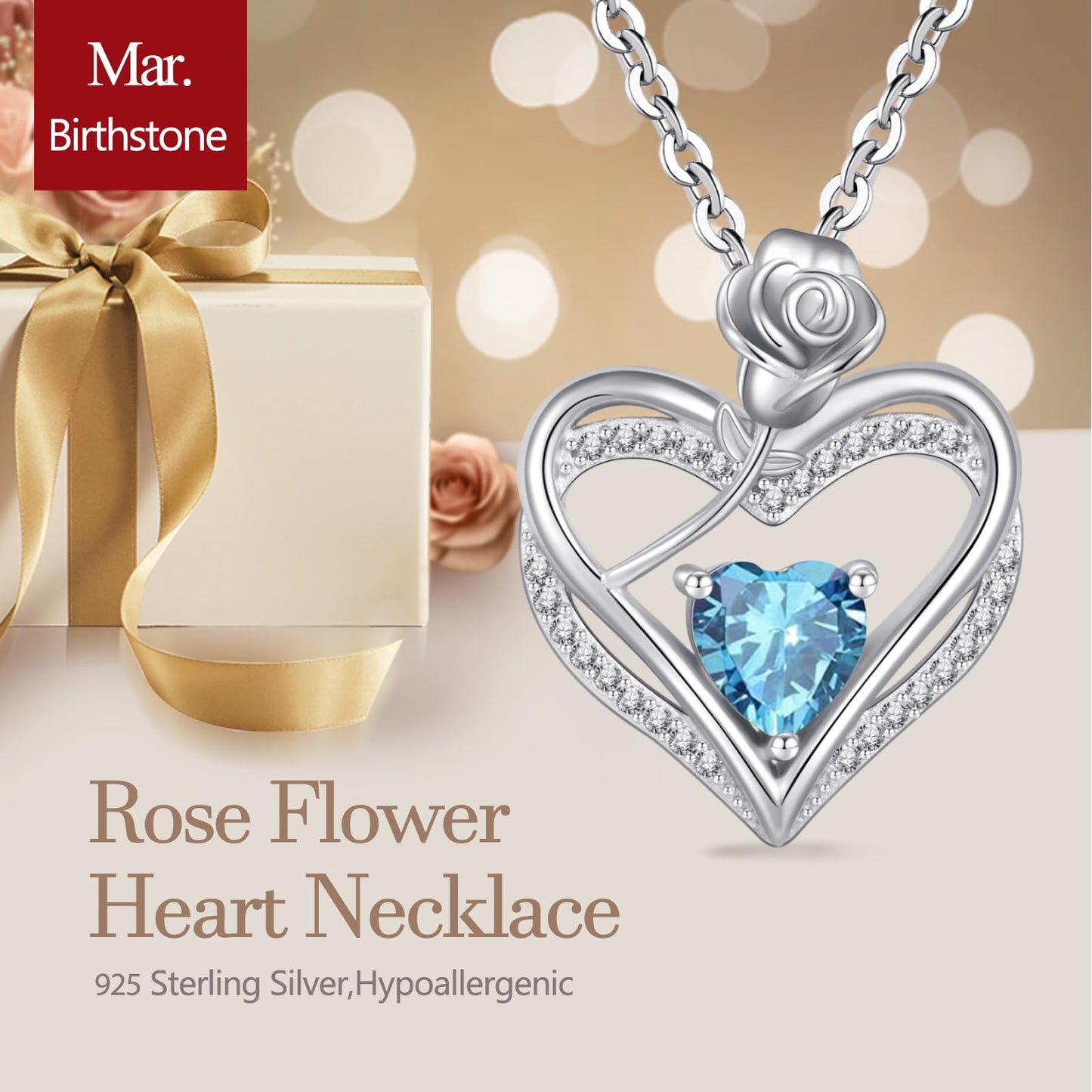 Collana Pendente Cuore Marzo Argento 925 con Zirconi Blu Cielo