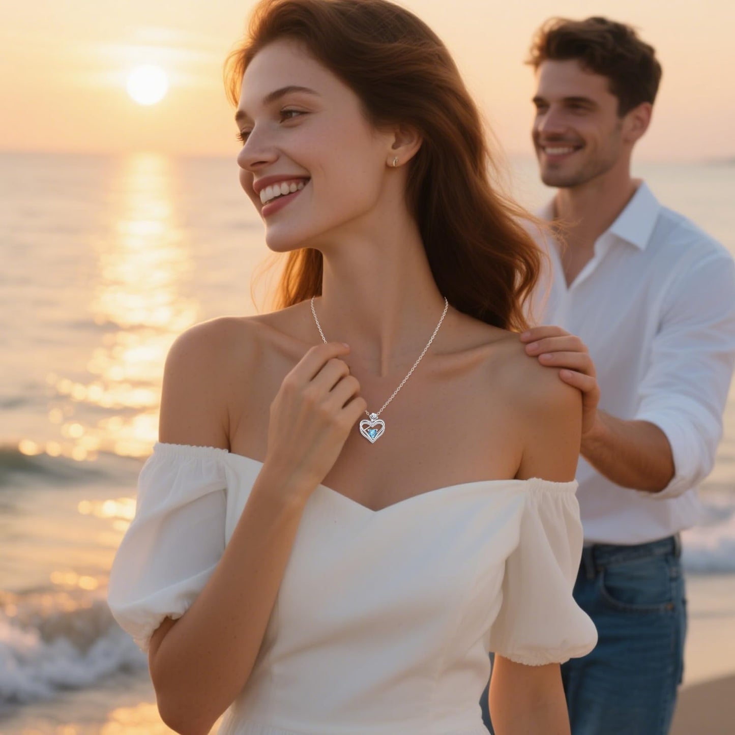 Collana Pendente Cuore Marzo Argento 925 con Zirconi Blu Cielo