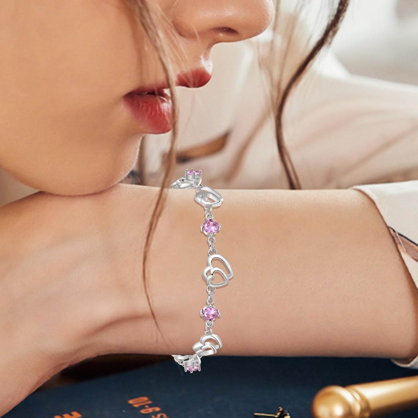 Bracciale Donna in Argento 925 Cuori e Zirconi Viola