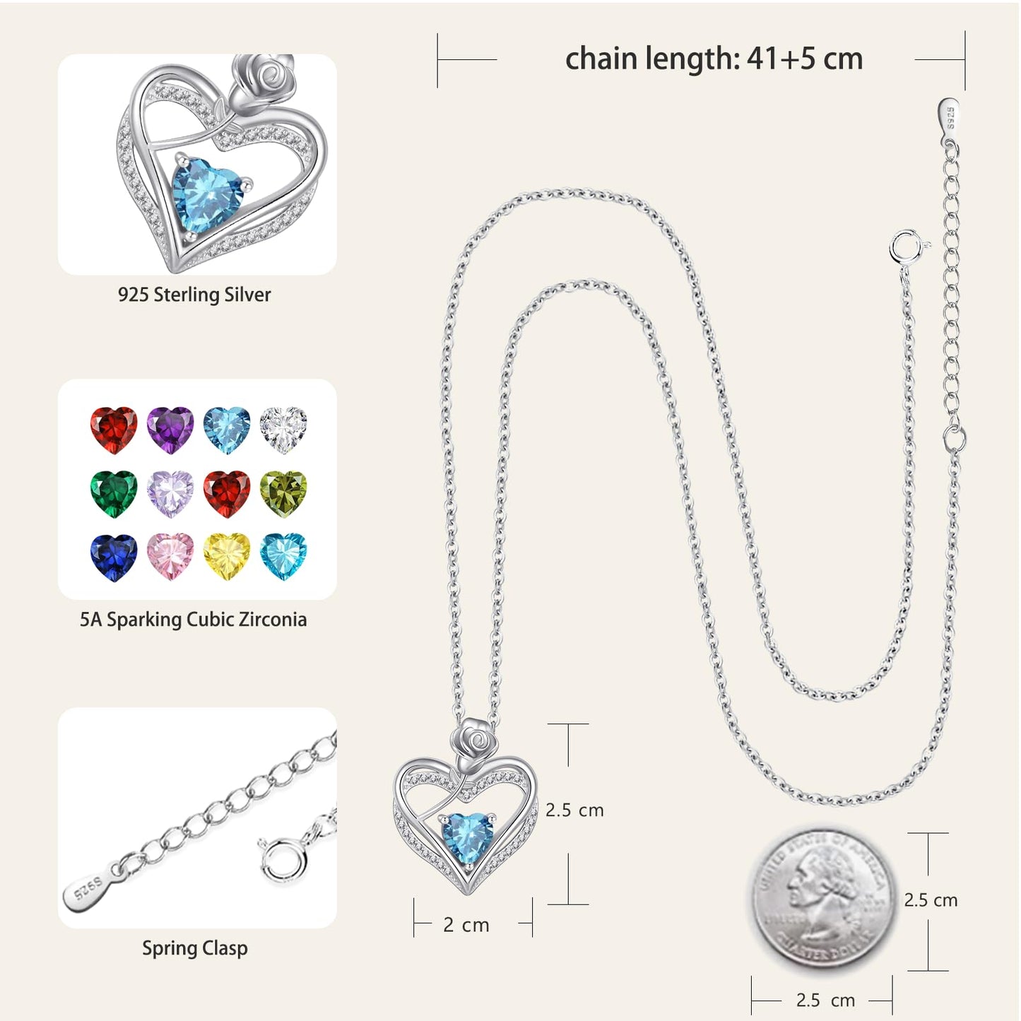 Collana Pendente Cuore Marzo Argento 925 con Zirconi Blu Cielo