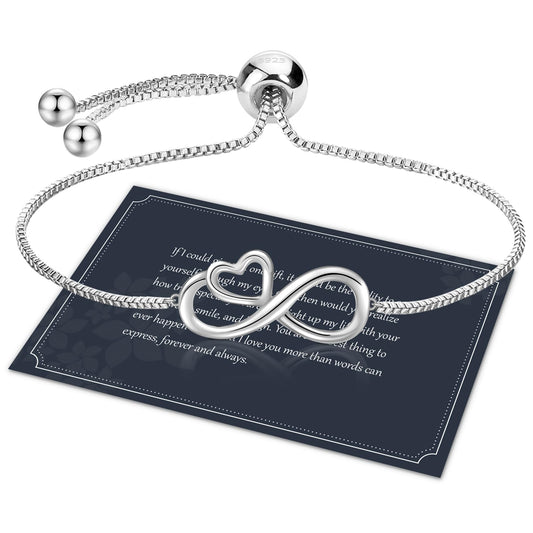 Bracciale infinito regolabile in argento 925 con cuore e simbolo dell'infinito per donna