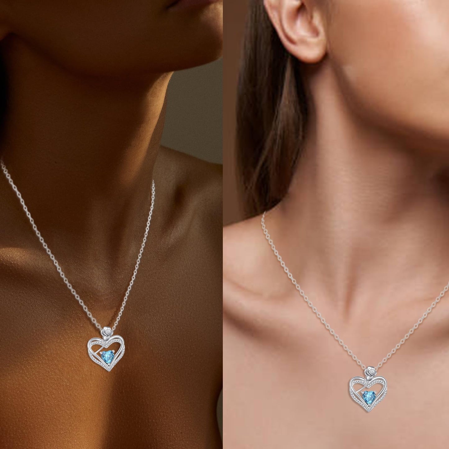 Collana Pendente Cuore Marzo Argento 925 con Zirconi Blu Cielo