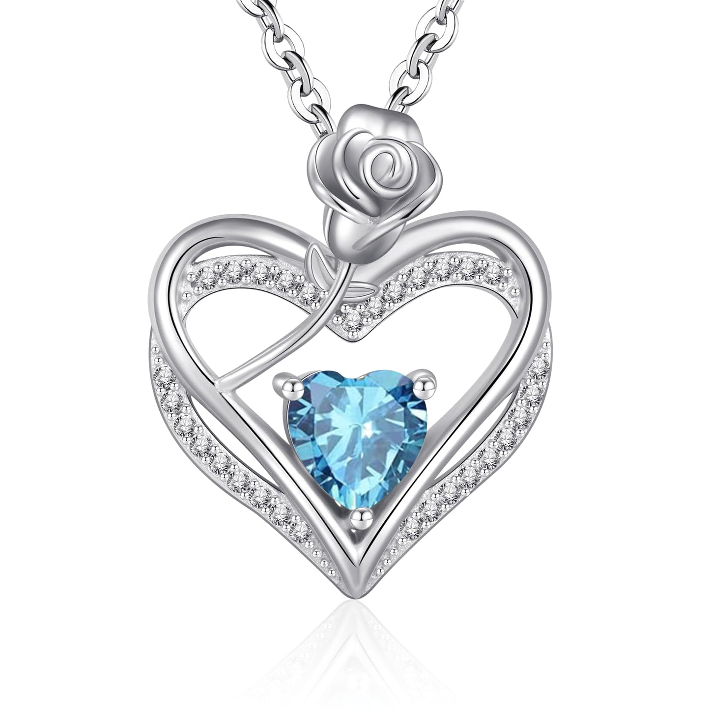 Collana Pendente Cuore Marzo Argento 925 con Zirconi Blu Cielo
