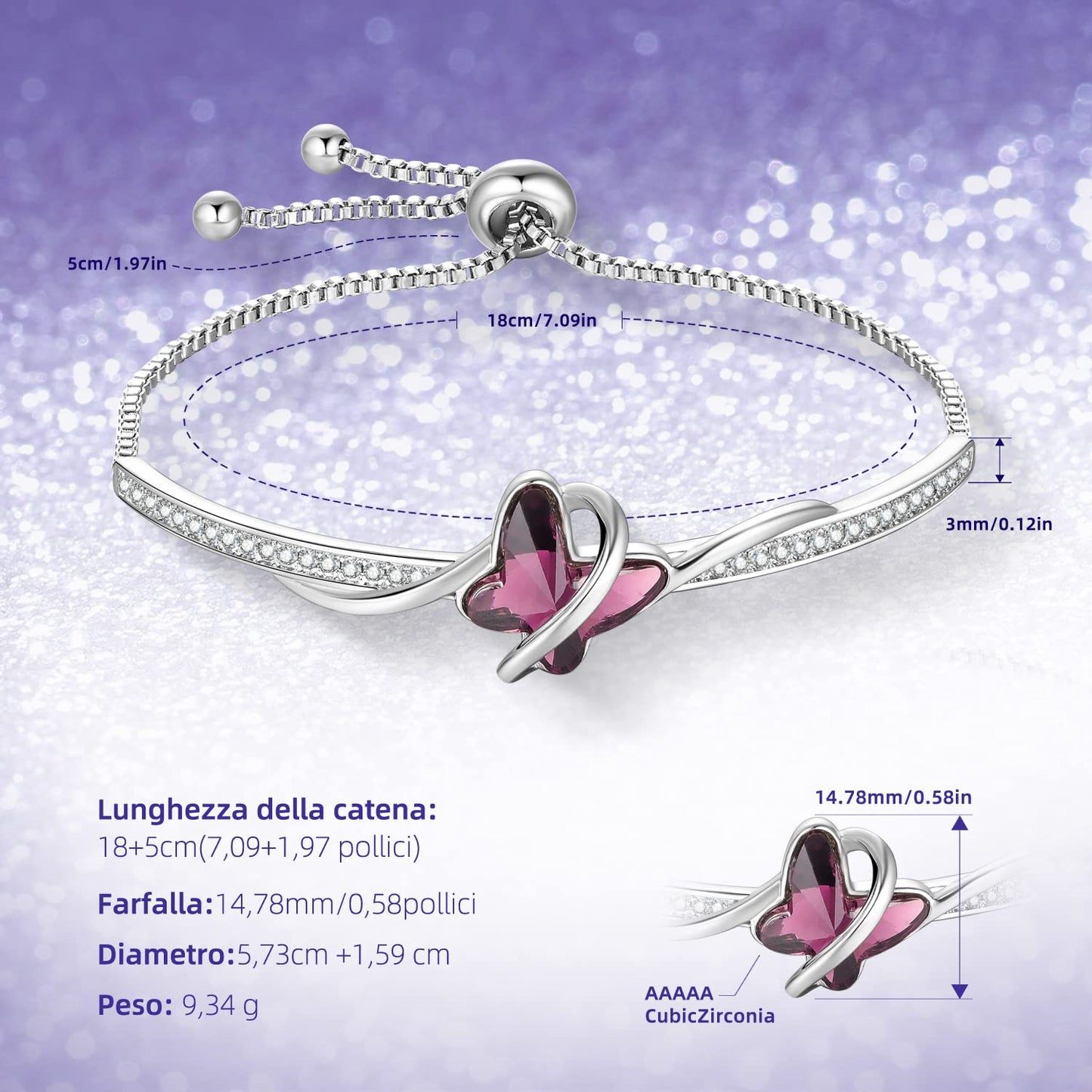 Bracciale Donna Farfalla – Cristallo Viola – Zirconi 5A